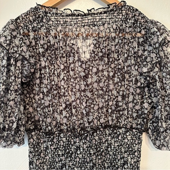 Free People Beatrice Mesh Blouse Top Floral Printed Ruffle Smocked Size M ( e5 - Picture 4 of 9